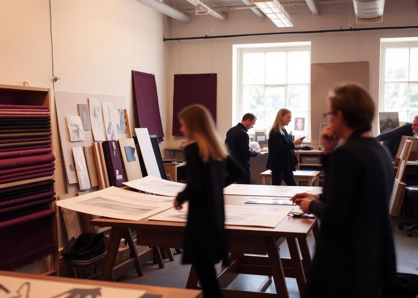 L'atelier DESIGN 4'U : plans, échantillons de matières et équipe au travail